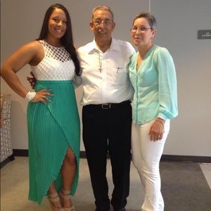 White and green front slit dress